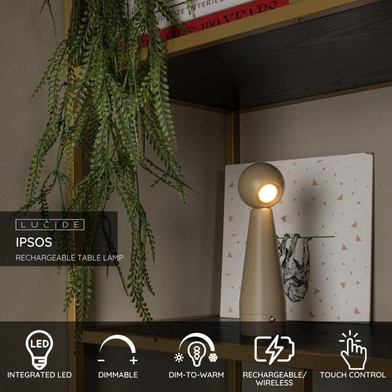 Lucide IPSOS - Dobíjacia stolová lampa - Batéria/batérie - LED Stlmenie až zahriatie - 1x3W 3000K/3200K - Tmavá farba